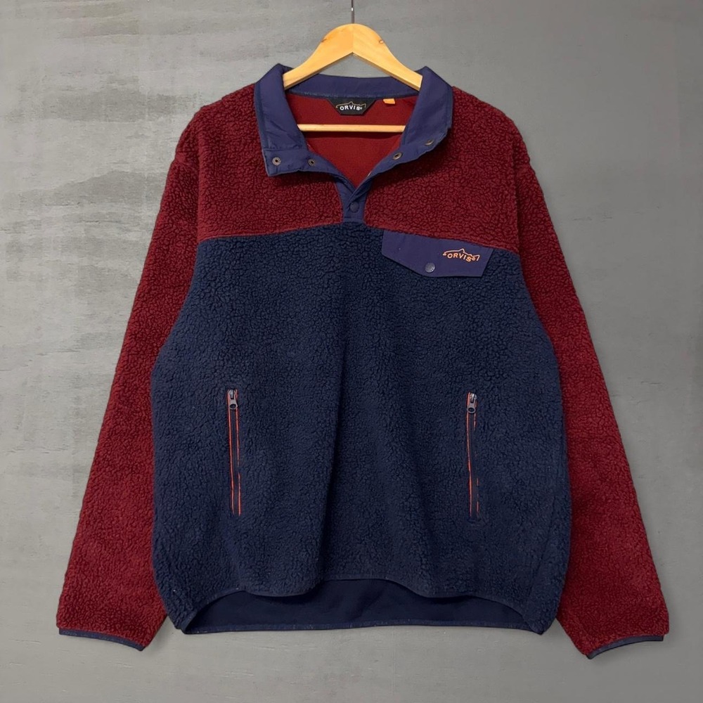 Orvis Fleece Pullover Burgundy Navy Blue Snap Neck Sherpa Jacket XL